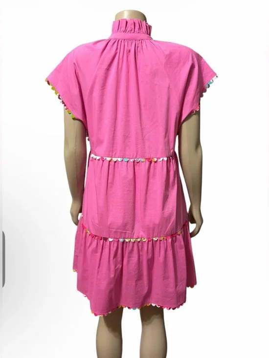 Crosby by Mollie Burch Sz S Whitley Dress Pink Bubblegum Tiered Ruffle Pom Trim - Picture 5 of 12